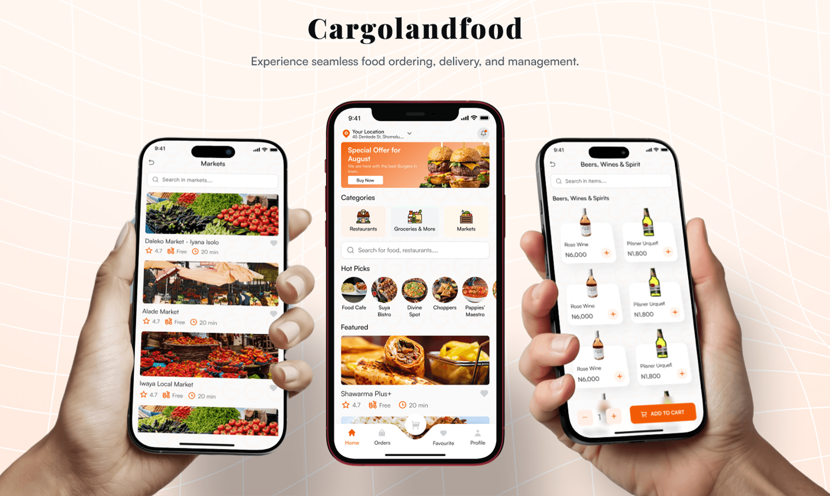 Three Cargolandfood screens held in hand: markets, the home feed with a special offer and hot picks, and a drinks listing