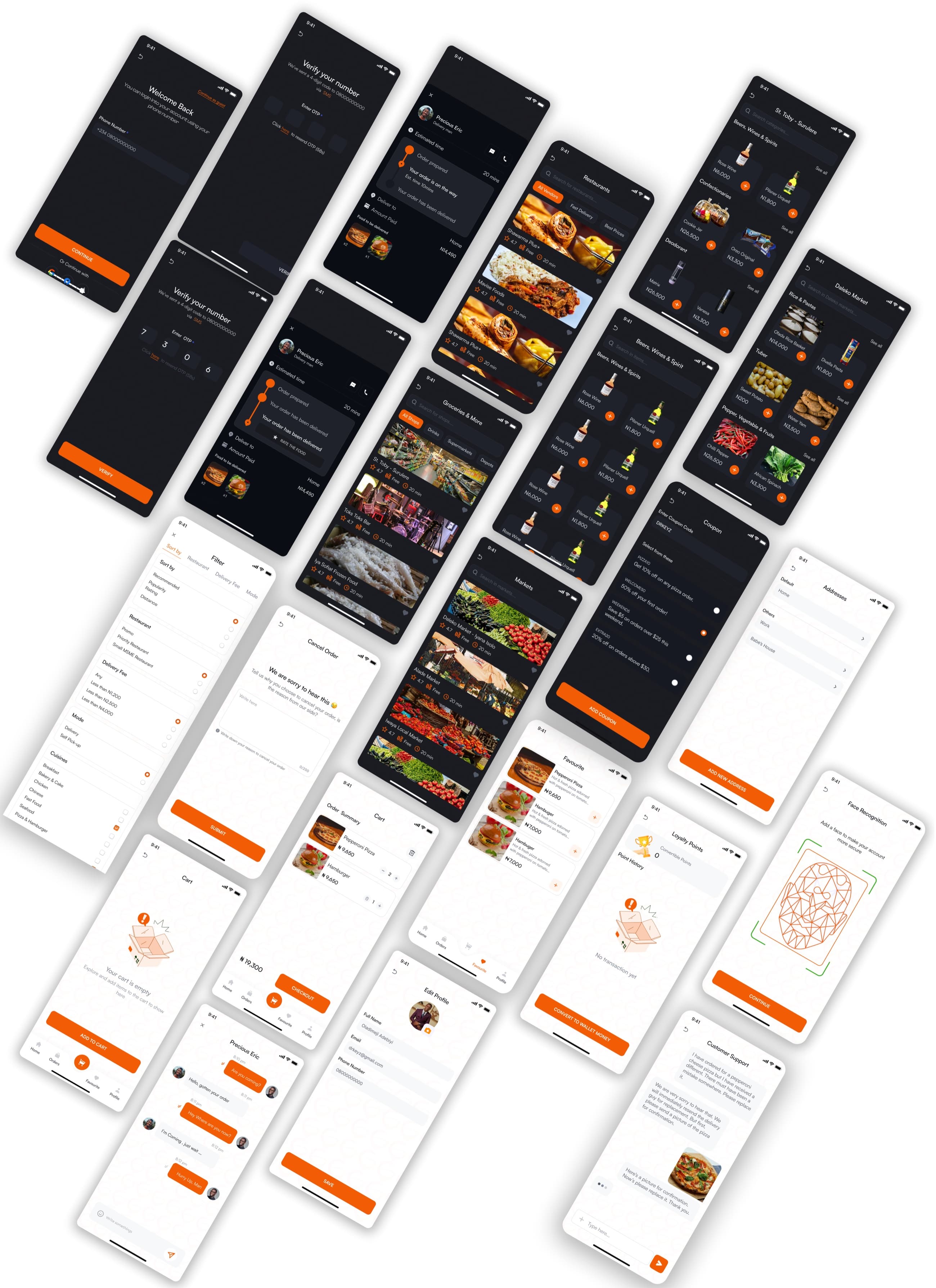 A collage of about thirty Cargolandfood screens: dark-mode sign-in, verification, tracking, restaurants, groceries, drinks and markets, and light-mode filter, cancel order, addresses, cart, favourites, loyalty points, face recognition, profile and chat