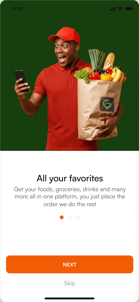 Onboarding: All your favorites, with a man holding a grocery bag