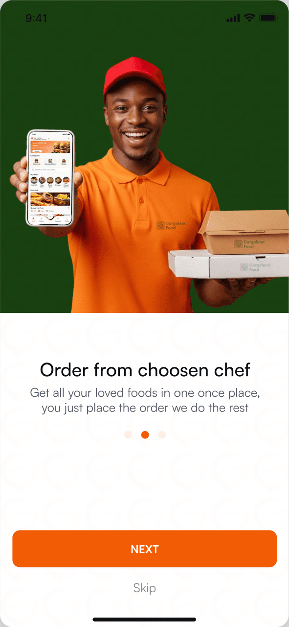 Onboarding: order from your chosen chef, with a man holding a phone and food boxes