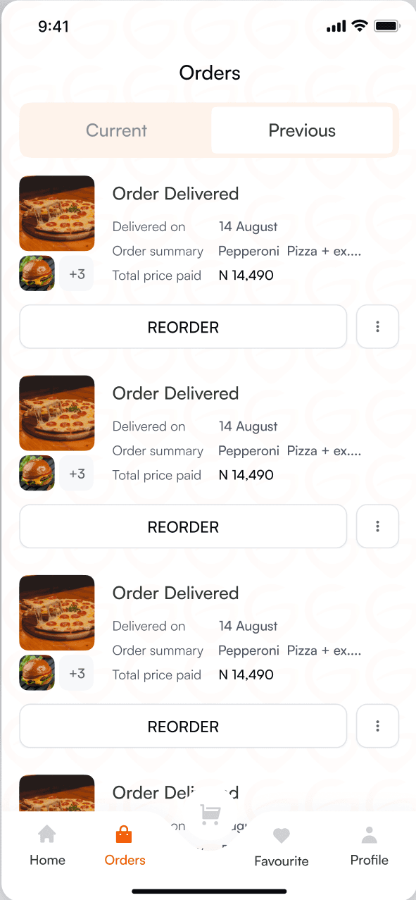 Orders, previous: delivered orders, each with Reorder