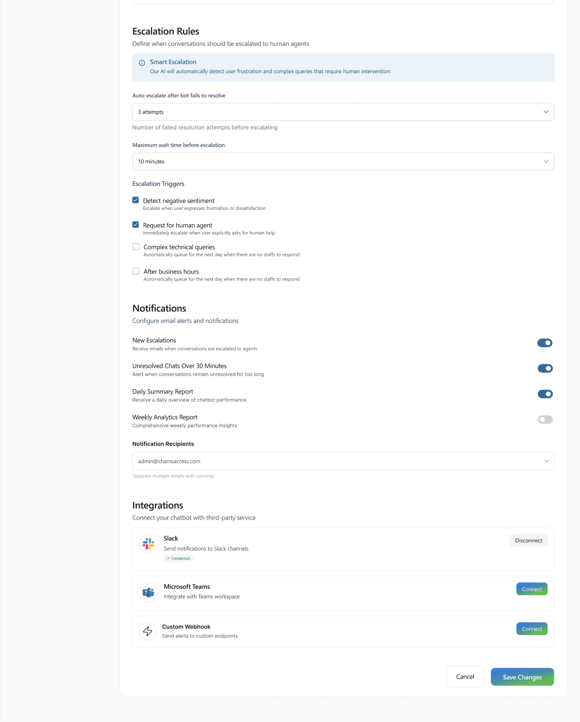 Escalation rules: auto-escalate after 3 failed attempts or 10 minutes, with triggers for negative sentiment, requests for a human, complex technical queries and after-hours