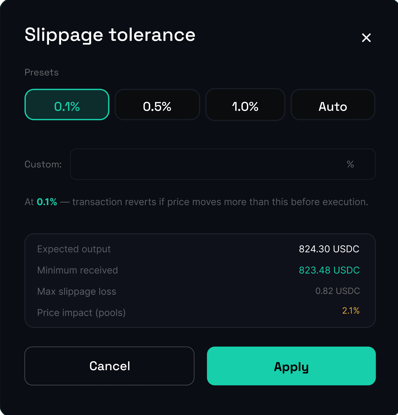 Slippage tolerance modal at 0.1%: the transaction reverts if price moves more than this, with expected output, minimum received, max slippage loss and price impact