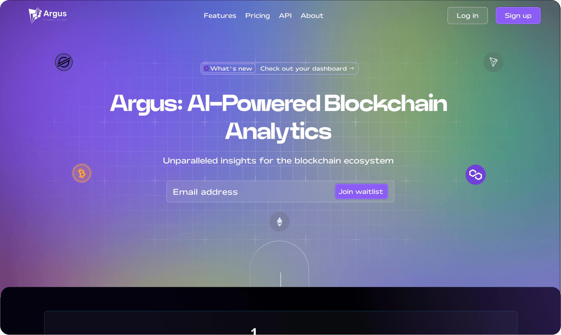 Argus AI-powered blockchain analytics landing page