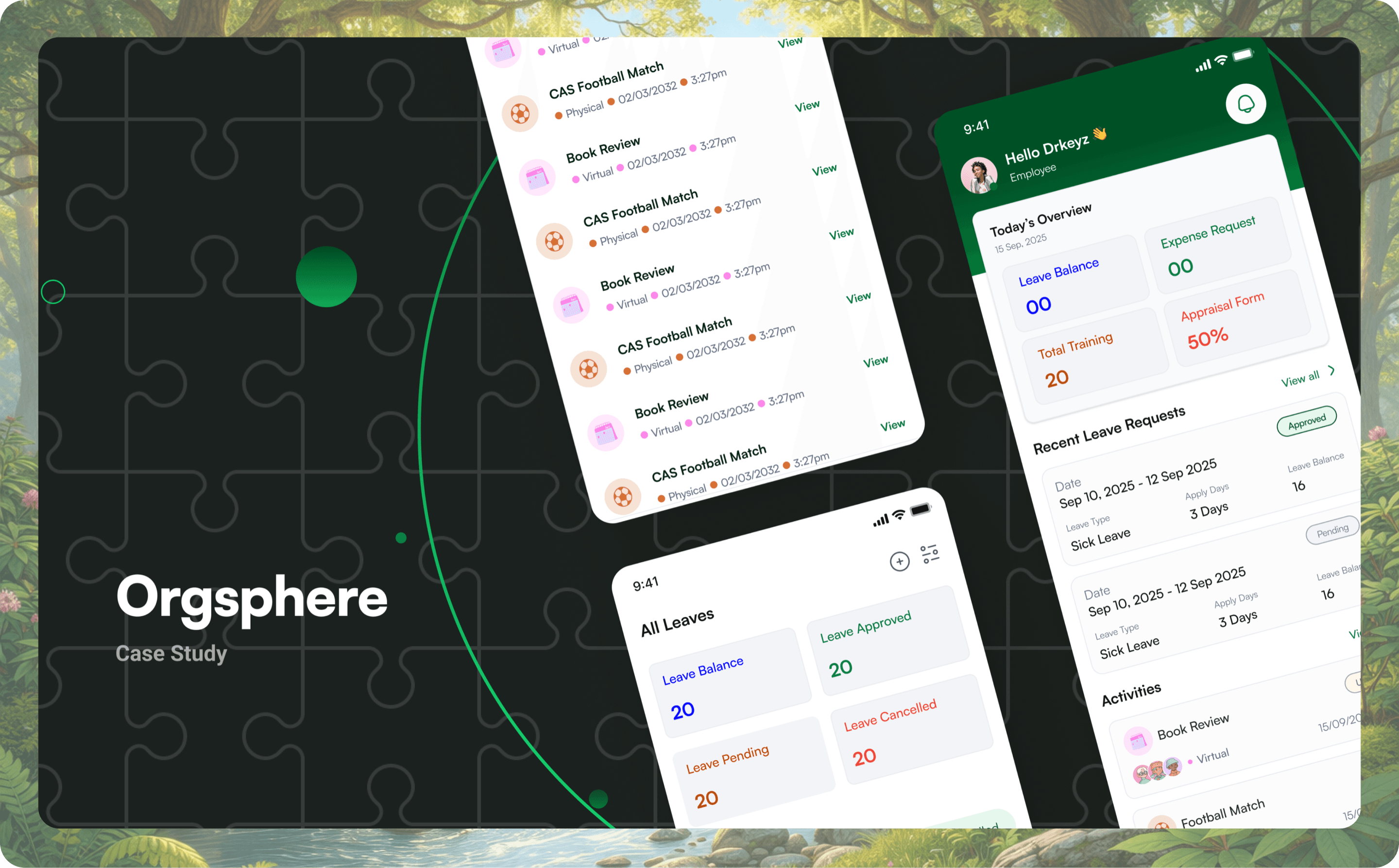 Orgsphere: an activities list, the employee home with today's overview and recent leave requests, and all leaves, on a dark puzzle-pattern background