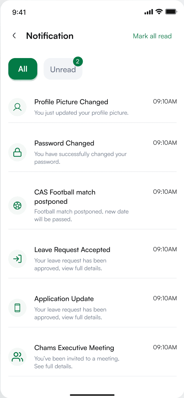 Notifications: mark all read, all and unread tabs, and type-specific notifications