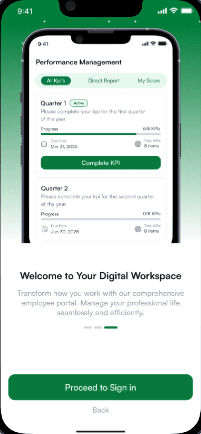 Onboarding step three: a preview of performance management, with Proceed to Sign in